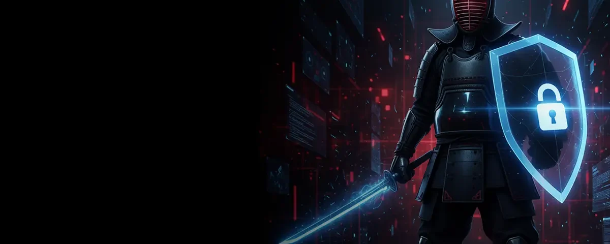 Futuristic conceptual image of a person in full Kendo Bogu armor and a business professional shaking hands in front of holographic IT metrics, SLA data, and the text Livro de Atas against a dark skyline.