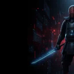 Futuristic conceptual image of a person in full Kendo Bogu armor and a business professional shaking hands in front of holographic IT metrics, SLA data, and the text Livro de Atas against a dark skyline.