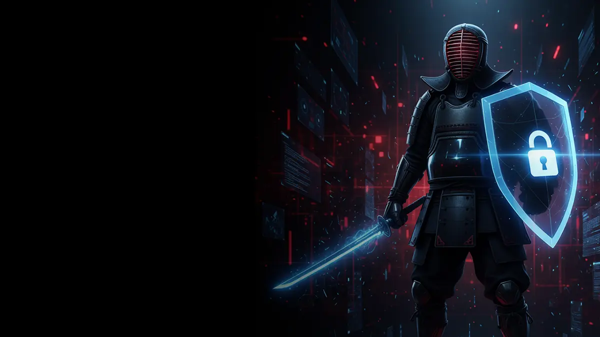Futuristic conceptual image of a person in full Kendo Bogu armor and a business professional shaking hands in front of holographic IT metrics, SLA data, and the text Livro de Atas against a dark skyline.