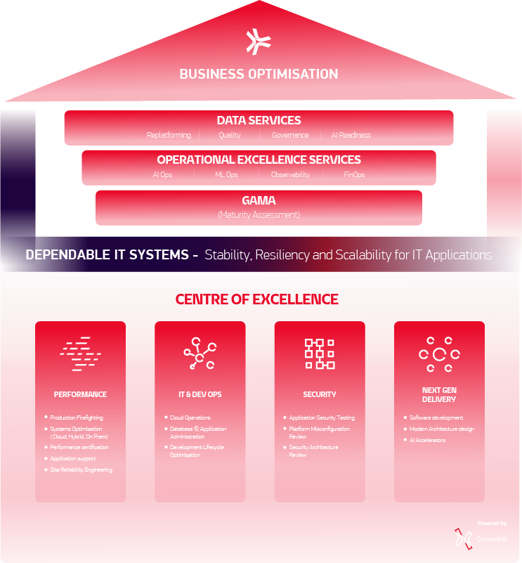 Infographic of Crossjoin's Business Optimisation framework, mapping Data Services, Operational Excellence, and Centre of Excellence pillars.